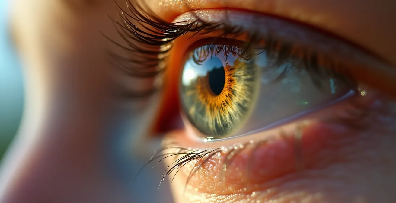 Gros plan sur un œil avec reflets montrant une lentille parfaitement adaptée