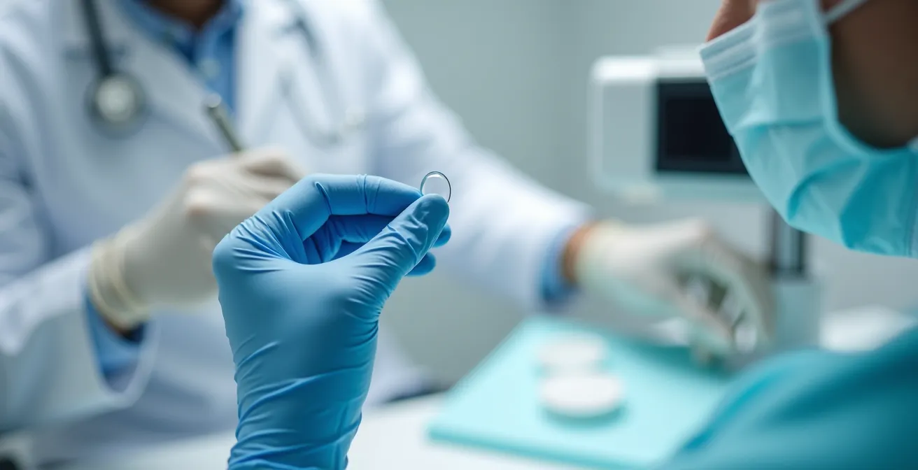 Main d'expert tenant délicatement une lentille de contact dans un environnement médical