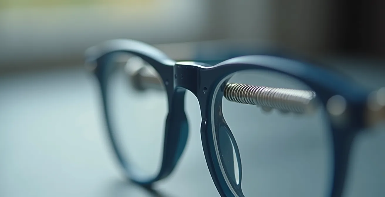 Détail macro d'une charnière flexible de lunettes enfant