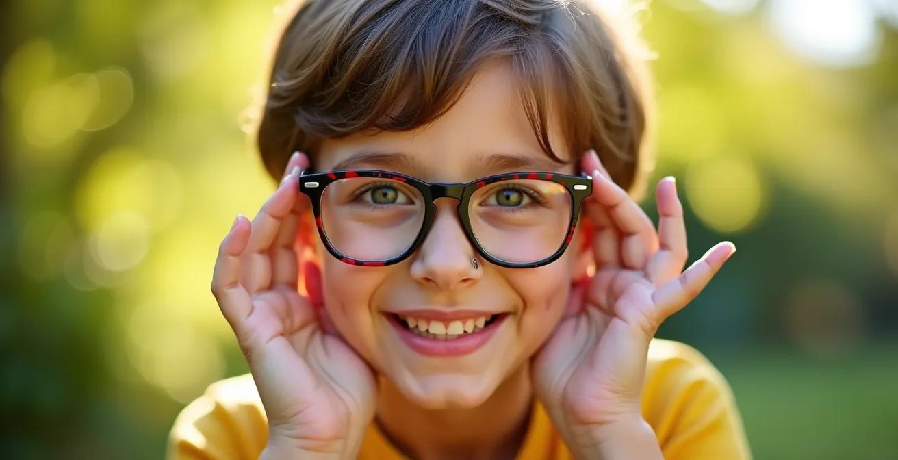 Enfant heureux portant des lunettes colorées bien ajustées