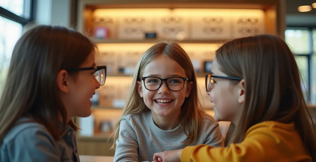 Groupe d'enfants comparant leurs lunettes devant un miroir