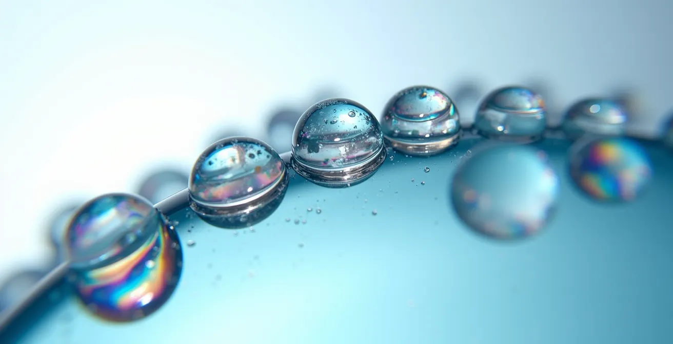 Vue macro d'une surface oculaire avec représentation artistique du film lacrymal