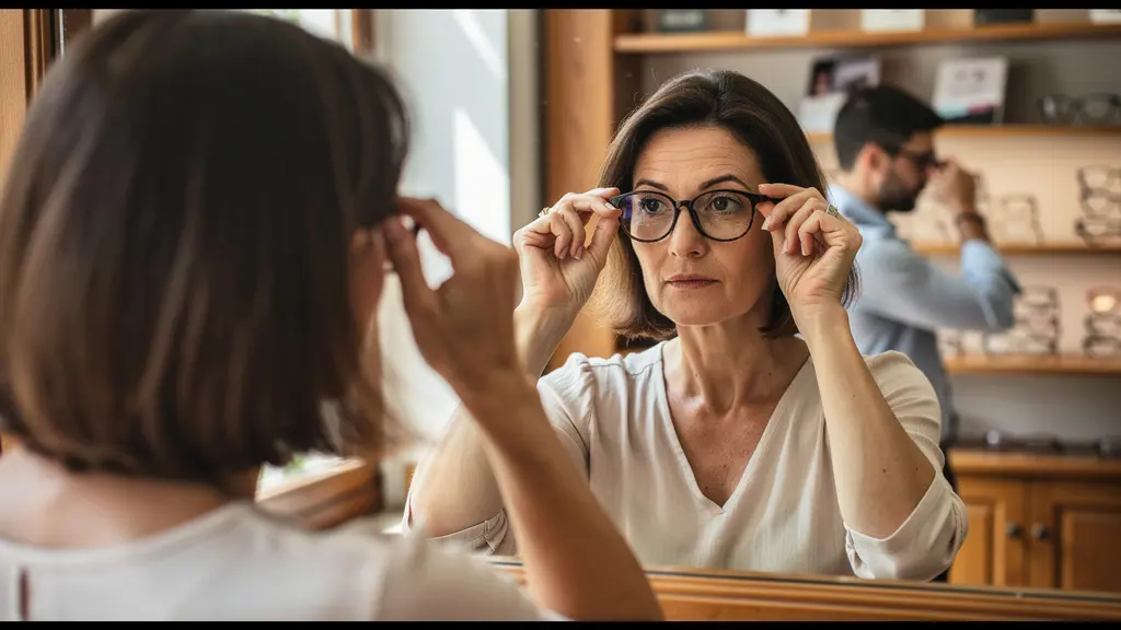 Femme essayant des lunettes devant un miroir avec accompagnement personnalisé en boutique optique Cholet