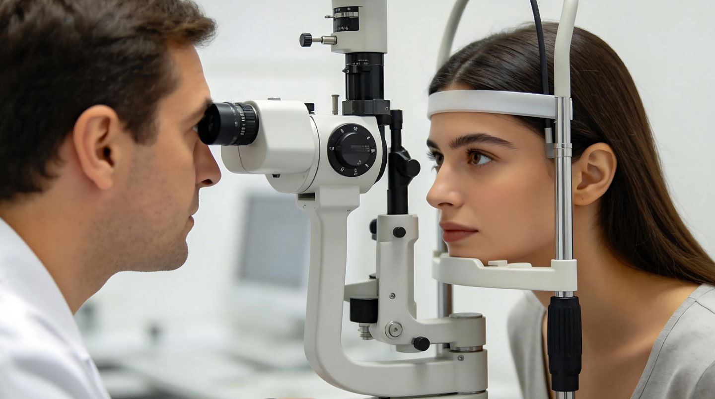Ophtalmologiste en blouse blanche examinant la vue d'un patient adulte avec un réfracteur dans un cabinet médical contemporain équipé de matériel optique professionnel