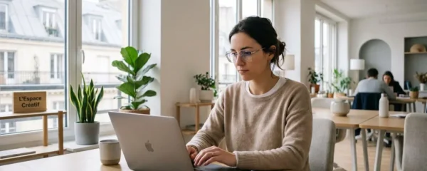 Jeune femme professionnelle portant des lunettes de vue contemporaines, travaillant concentrée sur un ordinateur portable dans un bureau lumineux avec grande fenêtre et décor minimaliste