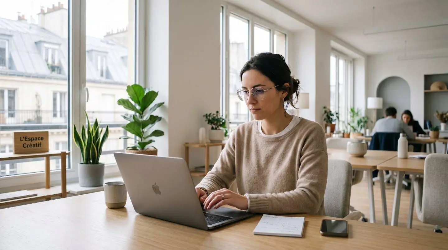Jeune femme professionnelle portant des lunettes de vue contemporaines, travaillant concentrée sur un ordinateur portable dans un bureau lumineux avec grande fenêtre et décor minimaliste