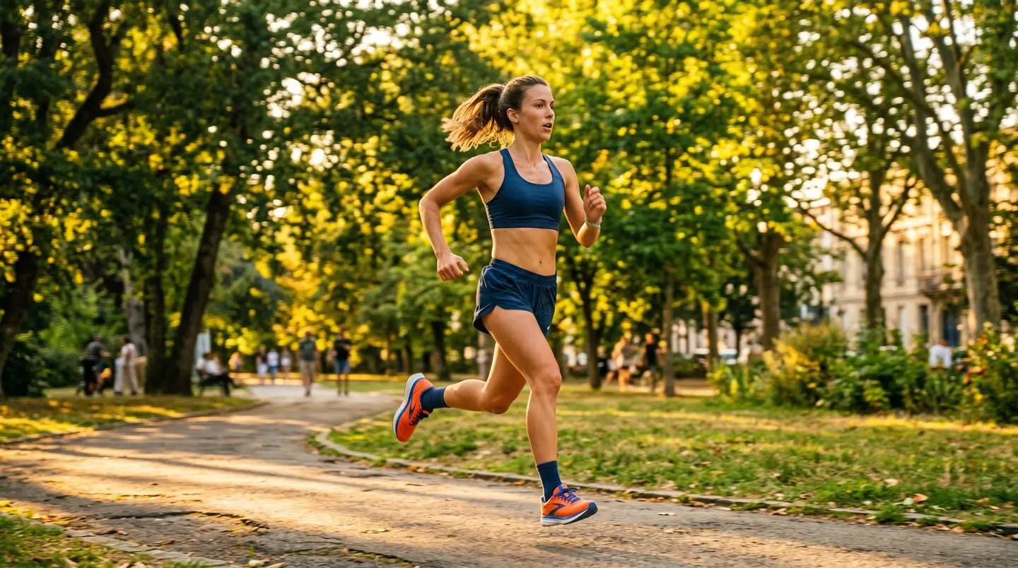 Jeune femme sportive en tenue de course à pied courant activement dans un parc urbain arboré sous une lumière dorée de fin de journée, sans lunettes visibles