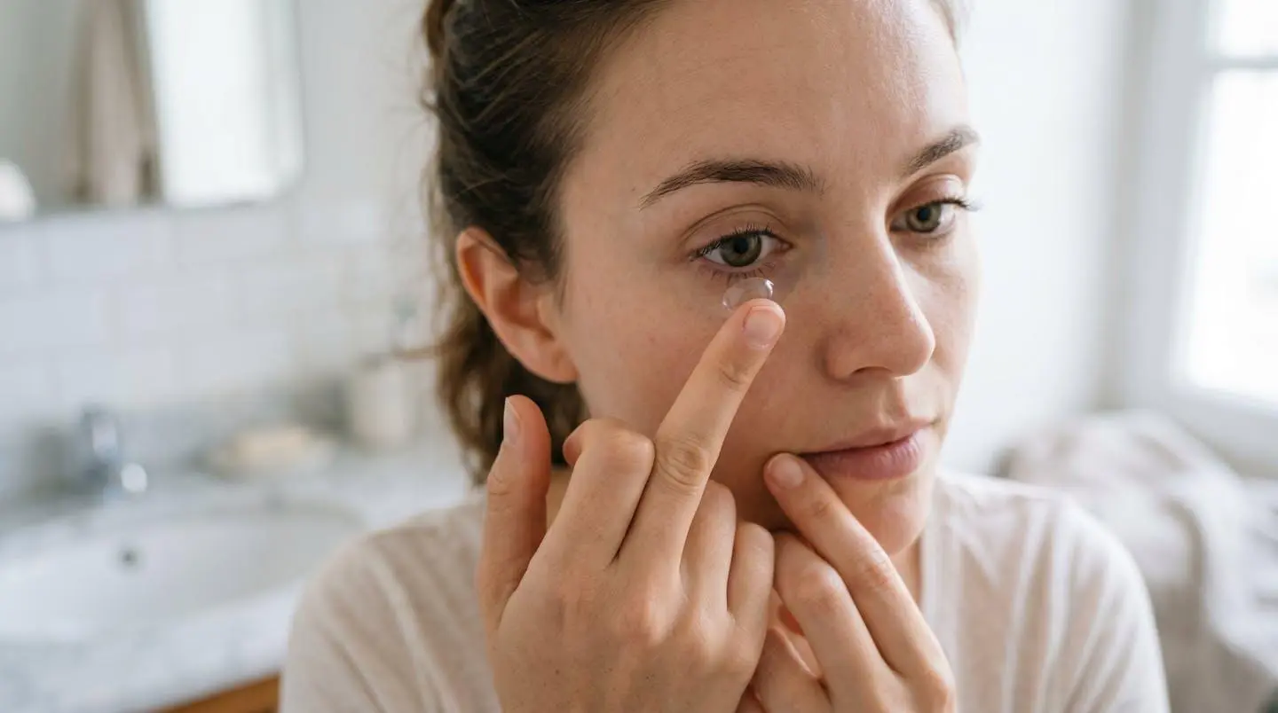 Gros plan sur une main de jeune femme posant délicatement une lentille de contact souple transparente sur son index, approchant l'œil ouvert dans un environnement intérieur lumineux