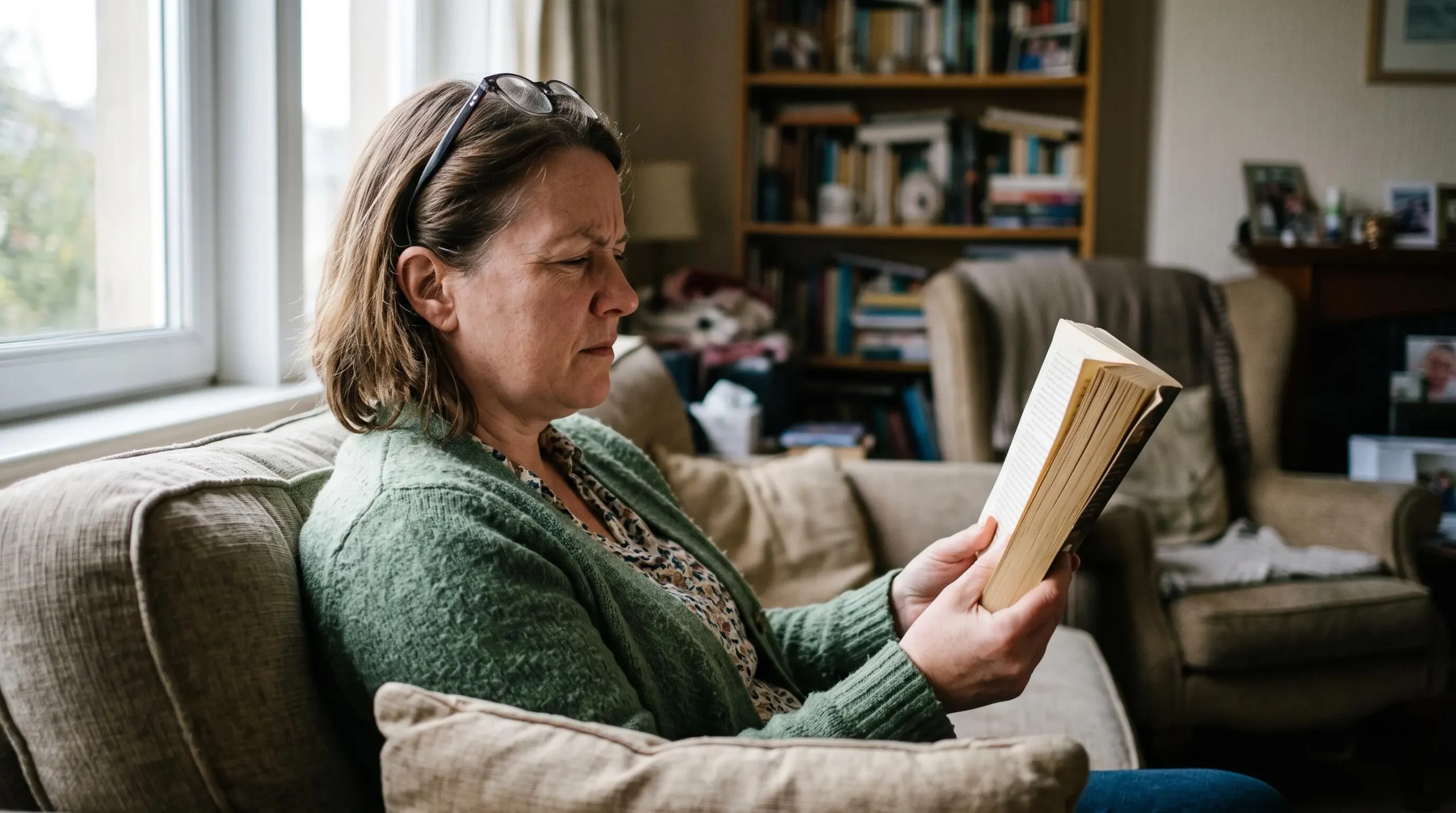 Une femme tient un livre à bout de bras pour mieux lire