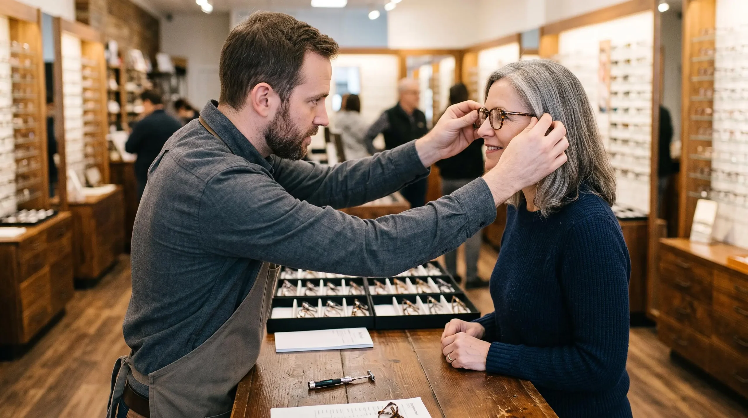 Un opticien ajuste une paire de lunettes sur le visage d'un client