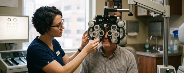 Un professionnel de la vue fait passer un test de réfraction à un patient