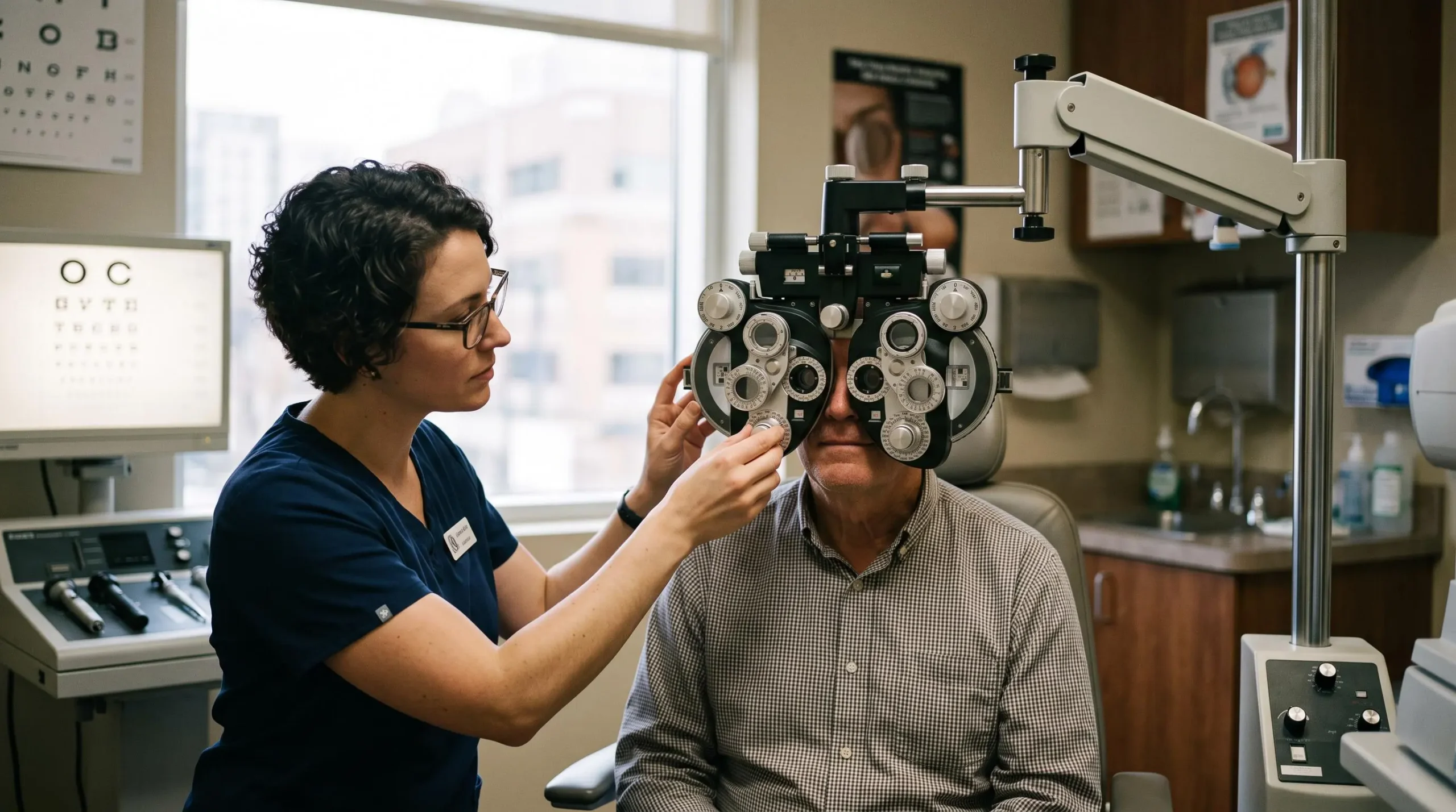 Un professionnel de la vue fait passer un test de réfraction à un patient